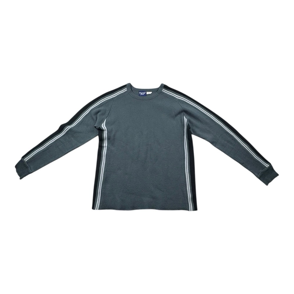 Vintage KP Korea Knit Sweater Green‎ Gray Striped Long Sleeve Size L